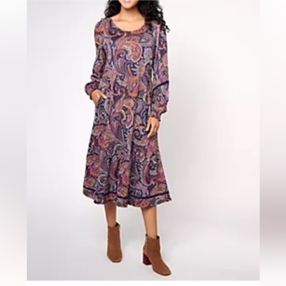 Canon Multicolor Paisley Long Sleeve Dress women XL festival casual linen boho